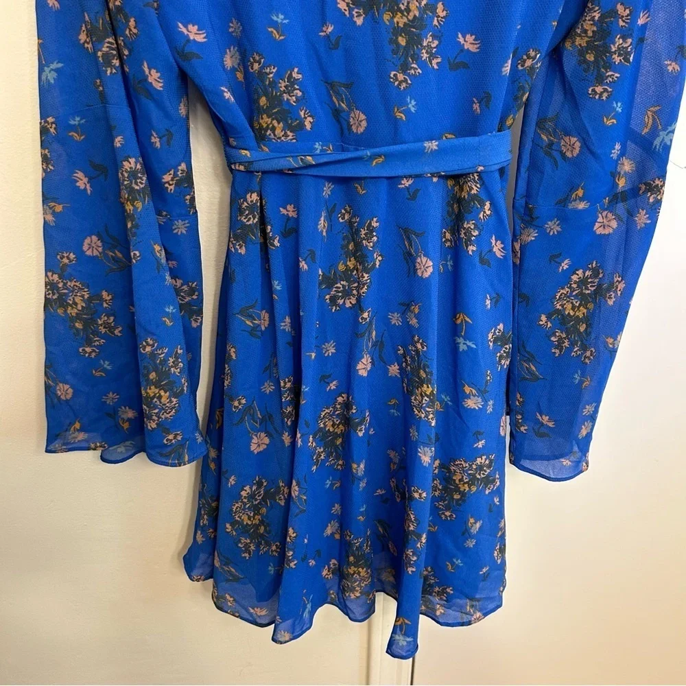 Free People Lilou Blue Floral Long Sleeve Mini Dress Women’s Small Boho Chic